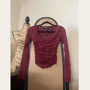 MAROON ROUCHED LONG SLEEVE TOP SEE THROUGH